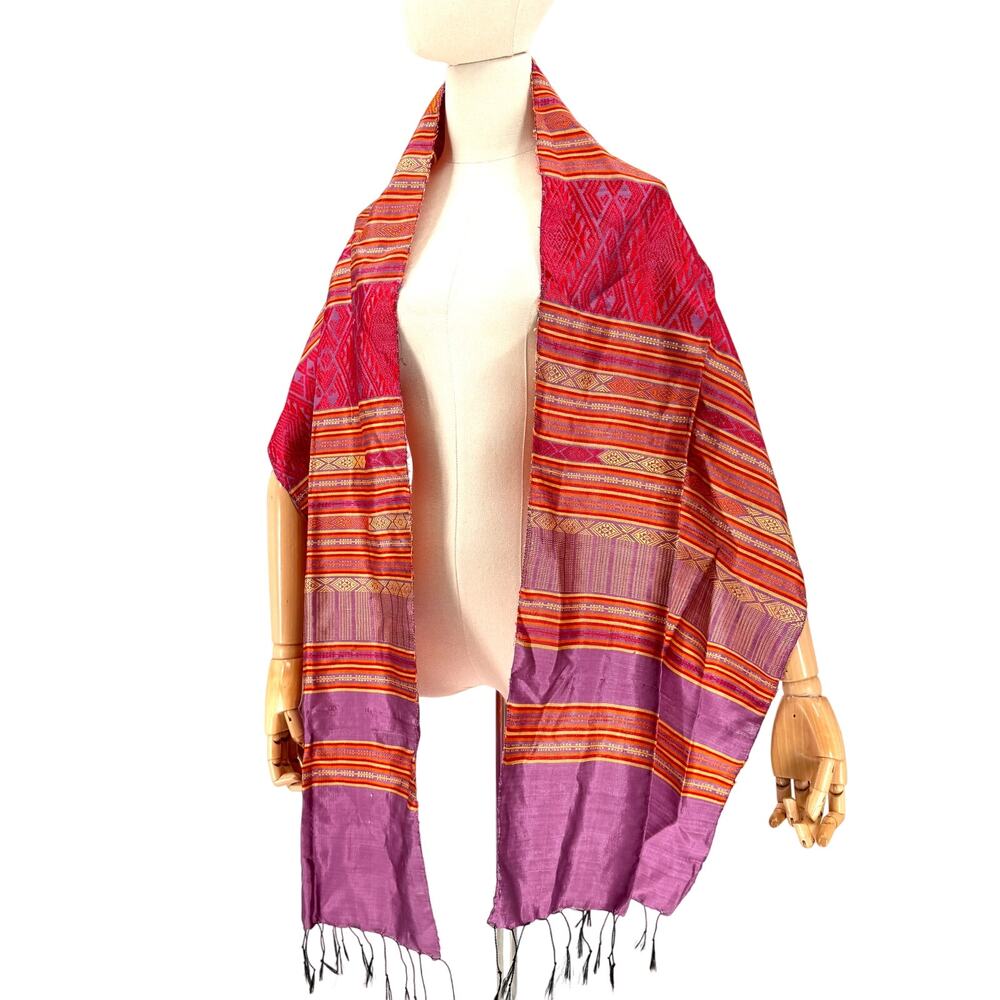 Purple Orange 100% Silk Tribal Woven Geometric Fringed Scarf